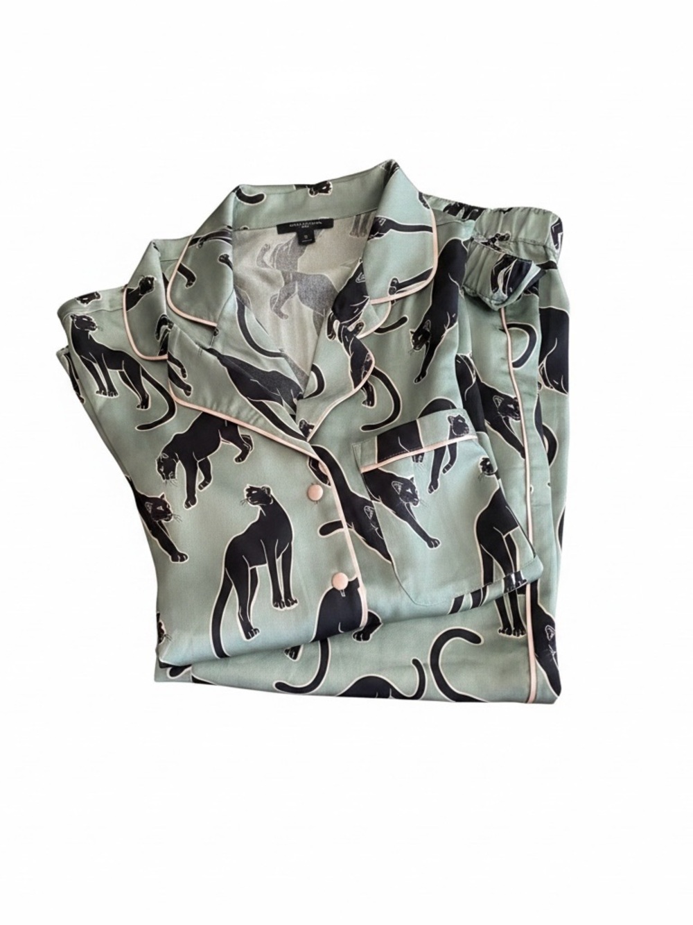 New Ann Taylor Green Pajama Set with Black Panther Print and Pink Trim
